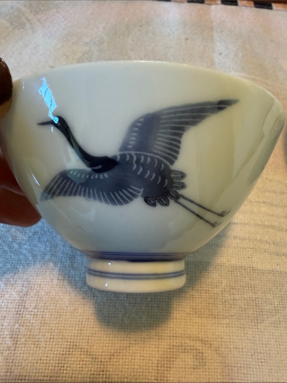 Porcelain Tea Bowl with Blue Crane Motif - White and Blue